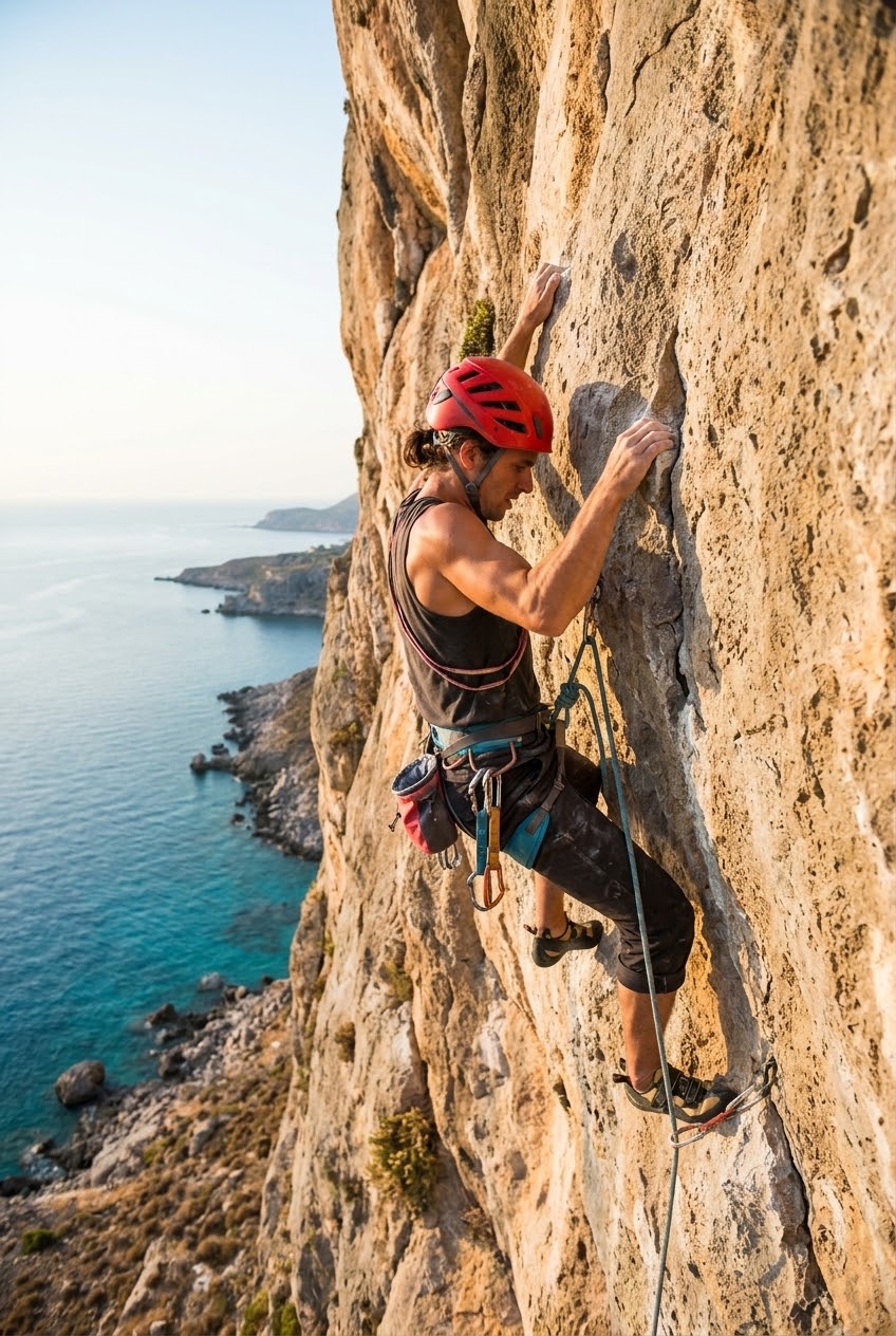 Rock climbing and rappelling on sea cliffs in Rhodes Greece